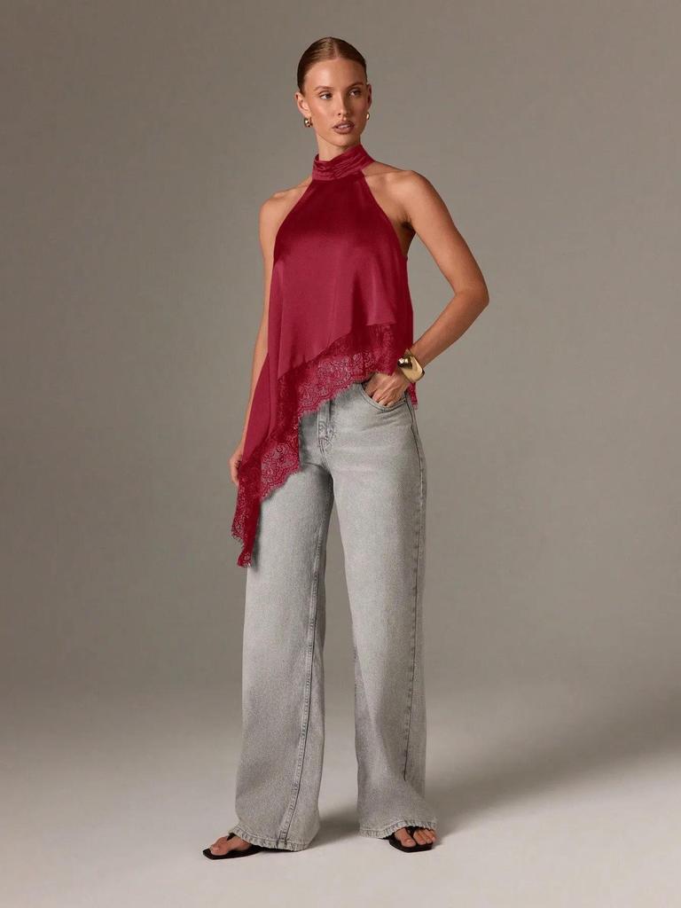 2025 Women's Satin Halter Neck Sleeveless Asymmetrical Camisole with Lace Trim