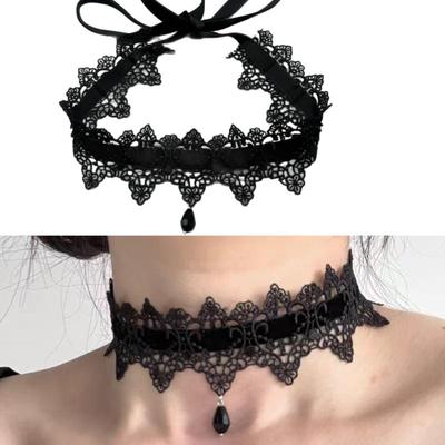 Sexy Spitze Blume Halskette Für Frauen Gothic Punk Samt Kragen Choker Schwarz Wassertropfen Anhänger Halskette Band Schleife Schmuck