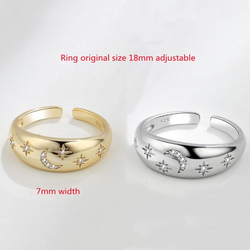 Buyee 925 Sterling Silver Female Ring Finger Moon & Star Sweet Open Ring for Women Fashion Golden Fine Jewelry Circle