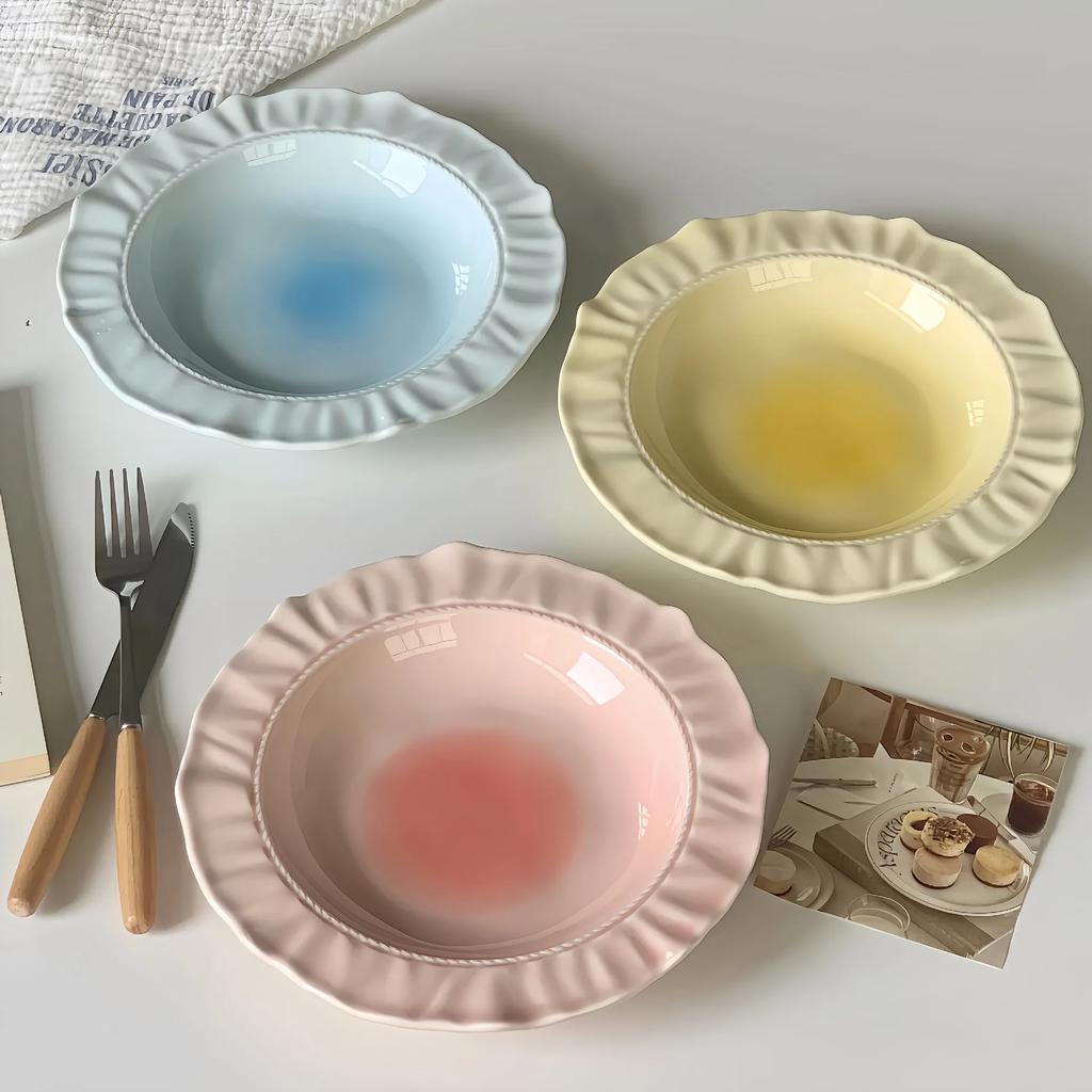 Advanced French Irregular Embossed Lace Plates Fruit Plate Pasta Plate Retro Solid Color Skirt Plate Cream Plates Dessert Plates