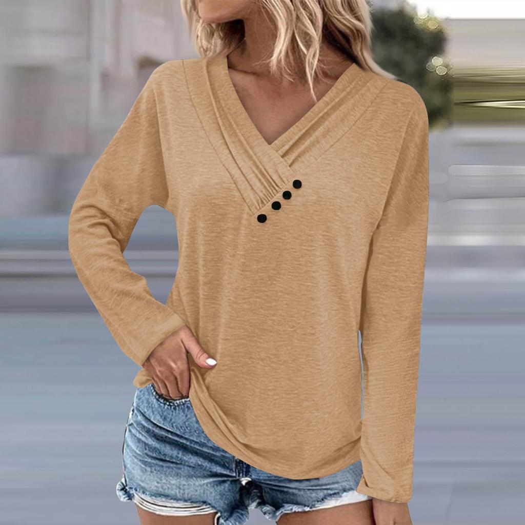 Women's Fashion Casual Color Chest Panel Ruched Button V Neck Long Sleeve Ladies Long Top