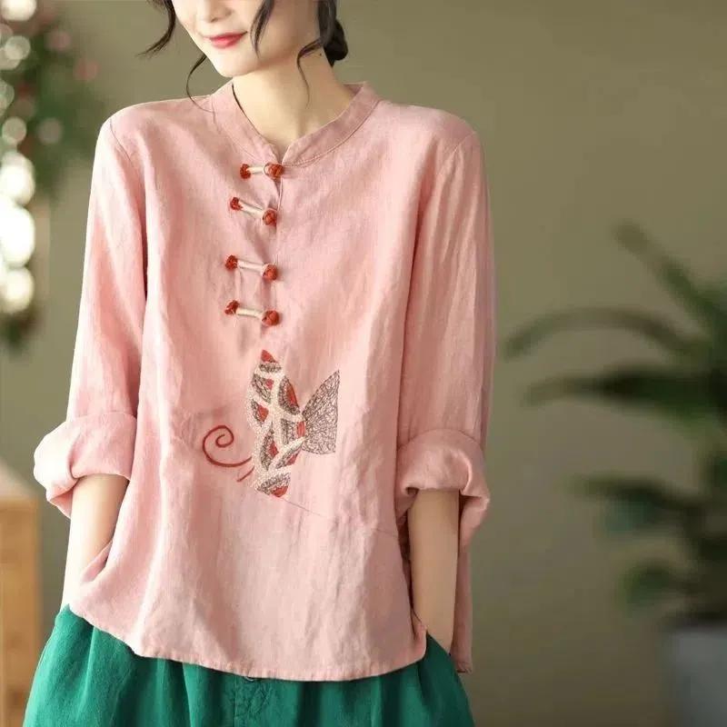 Ethnic Style Cotton and Linen Shirt Women's Spring and Summer Plate Button Top Literary Embroidery Loose Top Women