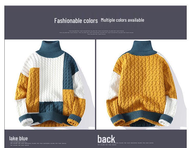 Men's Trendy High Collar Color Block Knit Pullover Sweater for Spring and Autumn