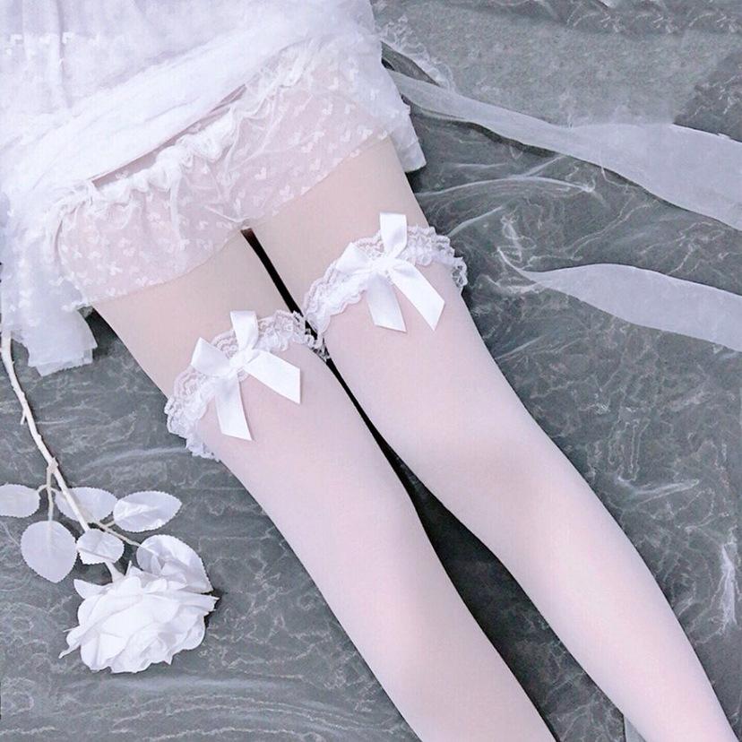 Thin Fashion Women Lace Korean Style Polyester Bow Stockings High Knee Socks Hosiery