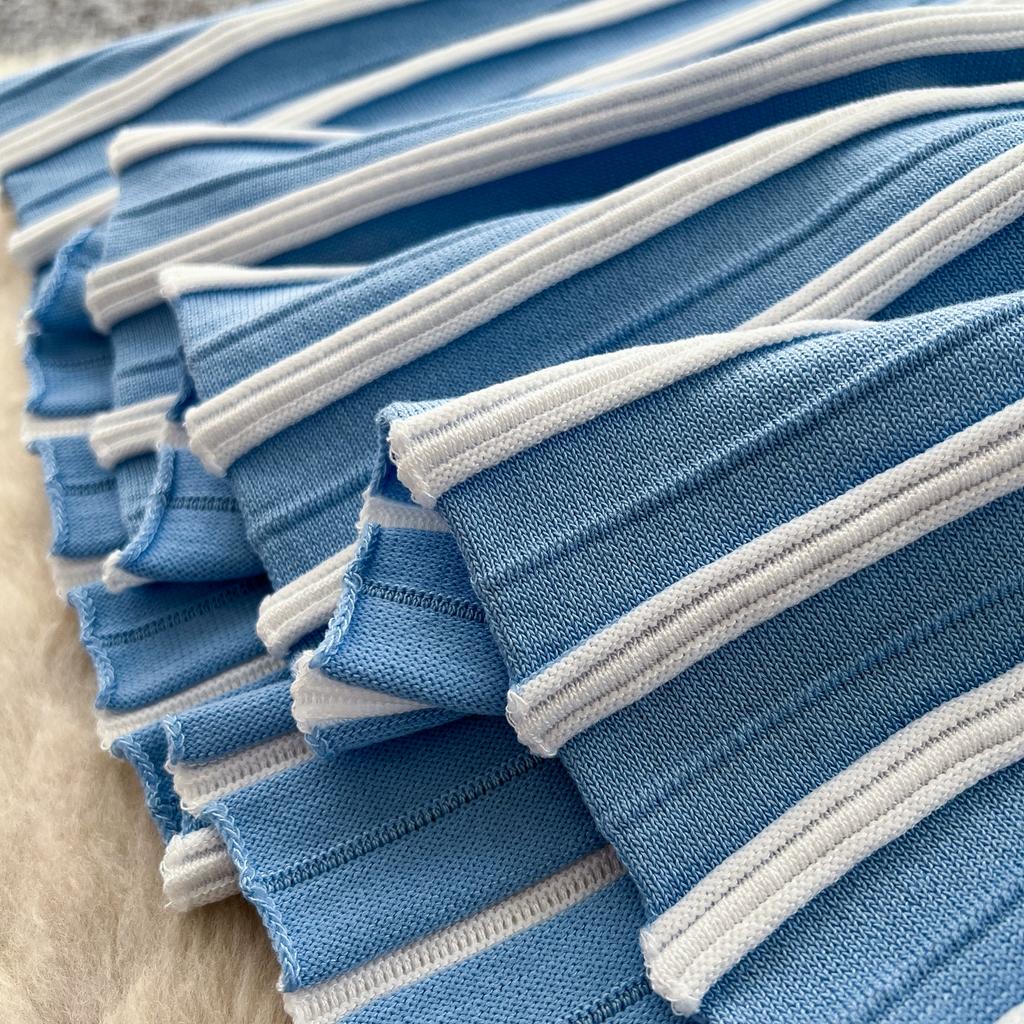 Summer Women Elegant V-neck Sleeveless Striped Knitted Sweater Party Dresses With Pearl Belt