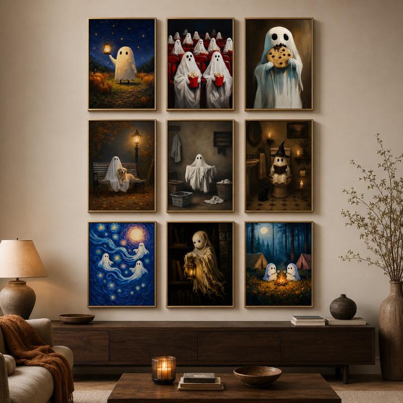 Ghost Canvas Gallery Wall Prints Starry Night Pumpkin Witch Dog Wall Art Dark Moody Halloween Farmhouse Holiday Home Decor Gift