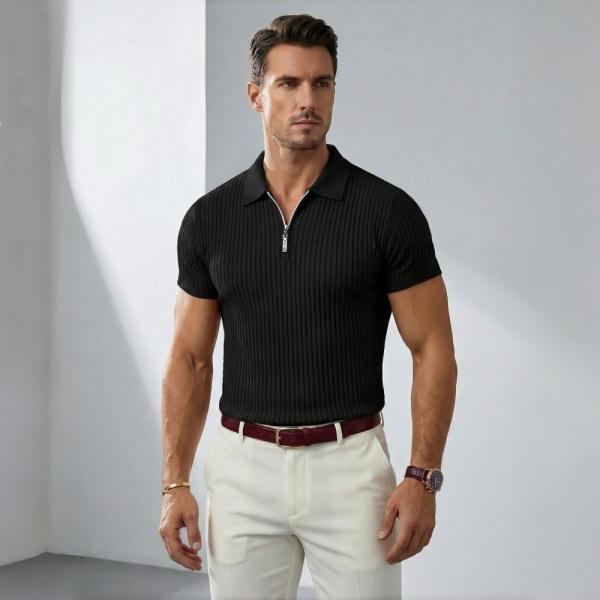 2026 Summer New Men s Ribbed Knit Polo Shirt Slim Fit Half-Zip Short Sleeve S чёрный