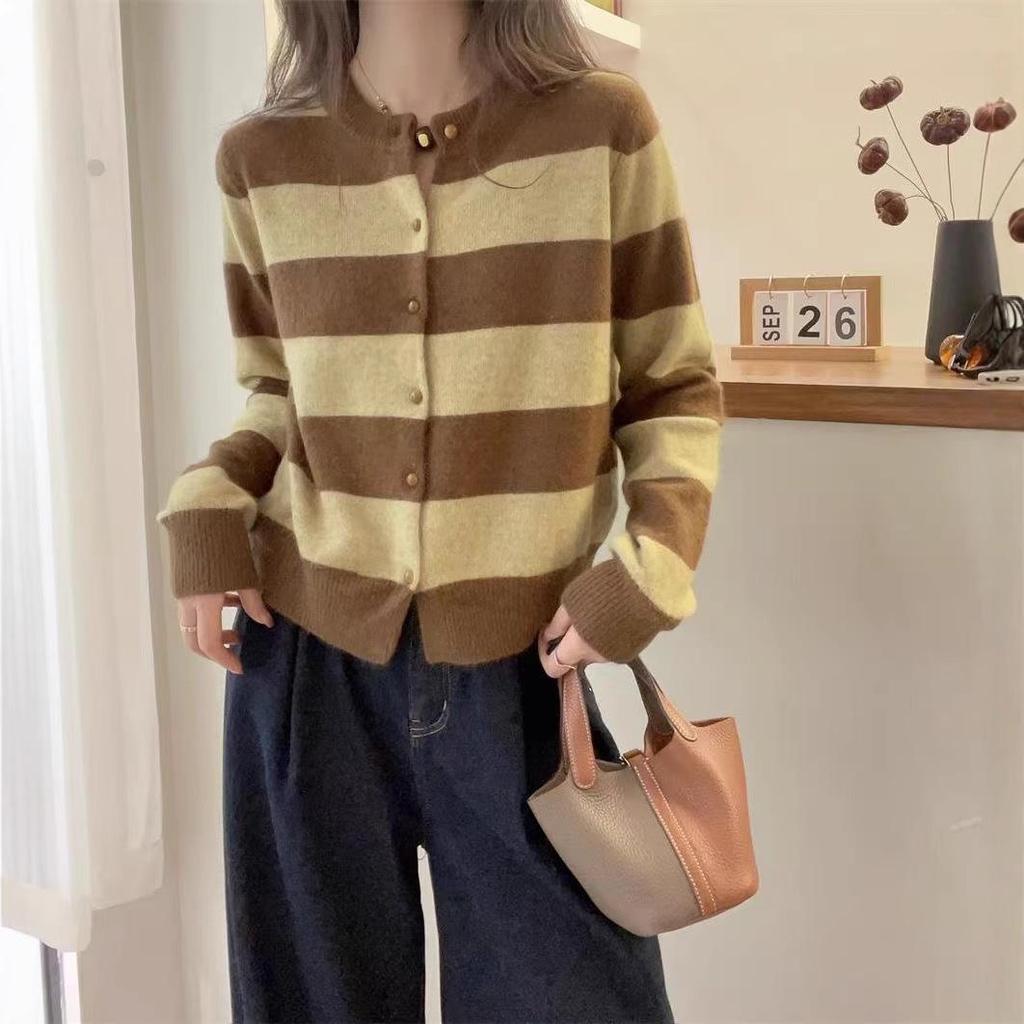 Women's Color Block Wool Cardigan - Autumn/Winter Round Neck Knit Sweater with Contrast Stripes