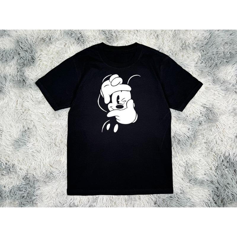 MINISO 2025 New Creative Black and White Mickey Print Women Men Couple Tshirt Casual Loose Y2K Round Neck Womens Top