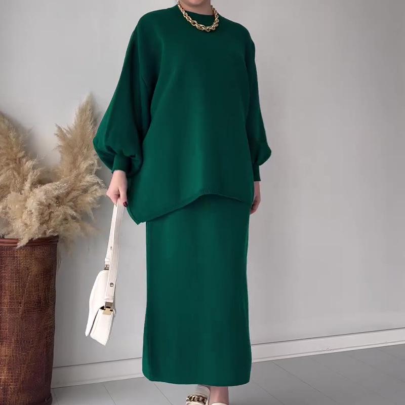 Herbst 2024 Europäisches & Amerikanisches Einfarbiges Lockeres Stricktop und A-Linien-Rock Set