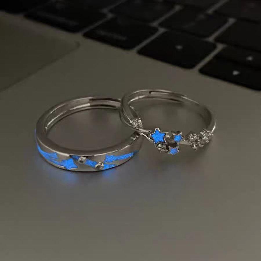 Glow In Dark Blue Green Light Star Ring Fluorescent Heart Ring For Women Men Couples Finger Rings Luminous Jewelry Adjustable