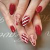 Christmas Red & Gold Glitter Deer Stripe Almond Nails - Removable, Wearable, 30-Piece Set