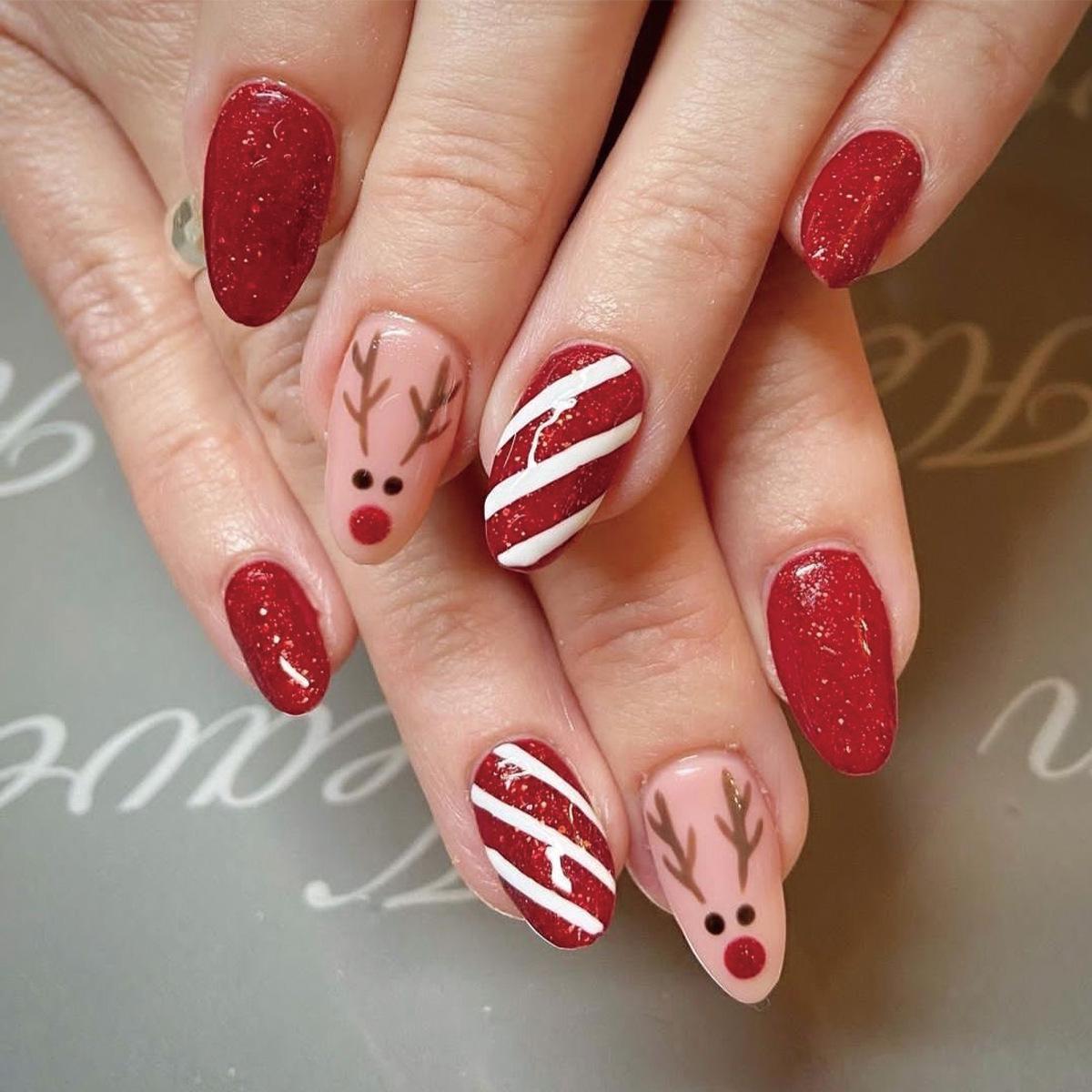 Christmas Red & Gold Glitter Deer Stripe Almond Nails - Removable, Wearable, 30-Piece Set Glue Type