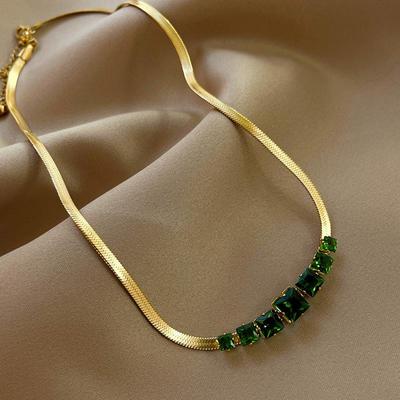 Stainless Steel Snake Chain Necklace For Women Shiny AAA Zircon Square Pendant Necklace Chain Jewelry 18K Gold Color Collar Necklace