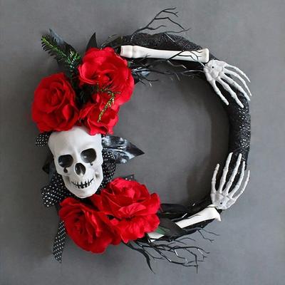 1pc 15in Rose Flower Skull Halloween Gothic Black Halloween Decorations for Indoor Outdoor Window Hanging Ornament