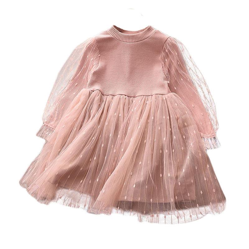 Autumn New Girls' Long-sleeved Dress Girls' Stylize Sequin Puff-sleeved Knitted Veil Skirt Children's Skirt