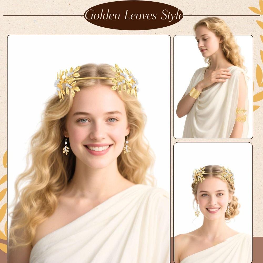 Pente de Cabelo Dourado Folhas Douradas para Noiva Pulseira de Braço Coroa de Folhas de Louro Conjunto de Joias de Deusa Festa Temática
