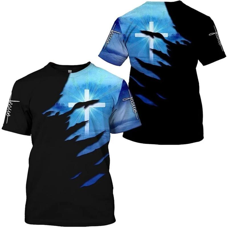 3D Jesus Cross Graphic Printed Men's T-Shirt Fashion Christian Religion Harajuku Y2K T Shirt Unisex Short Sleeve Oversized Tees