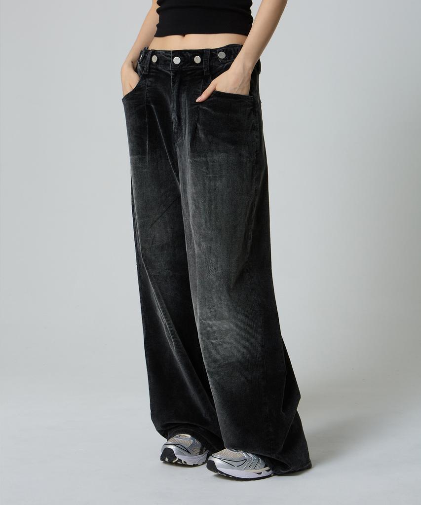Unknown Planet Custom One-Pleat Wide Corduroy Pants Washed Black