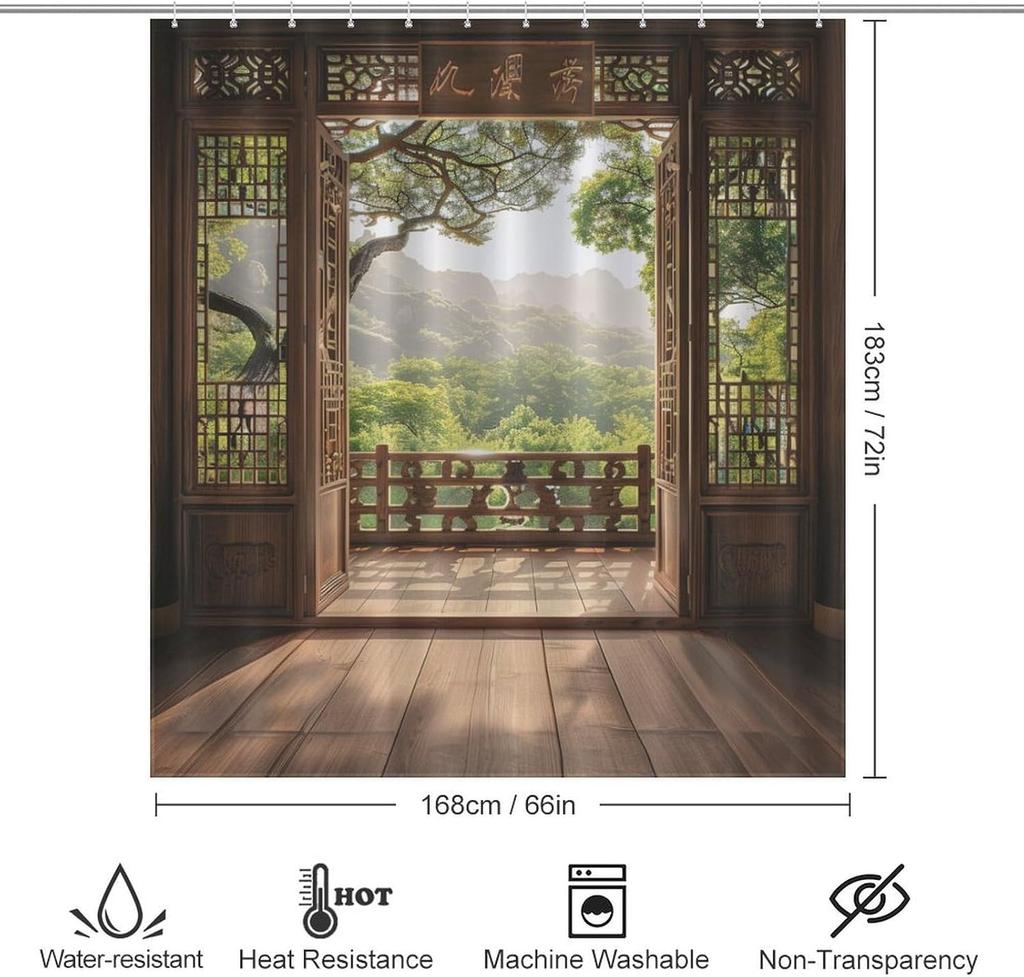 Chinese retro shower curtain, Japanese landscape shower curtain, waterproof polyester fiber shower curtain, customizable