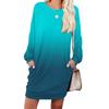 Women's Gradient Printed Fashionable Long-sleeved Round-neck Pocket Dress