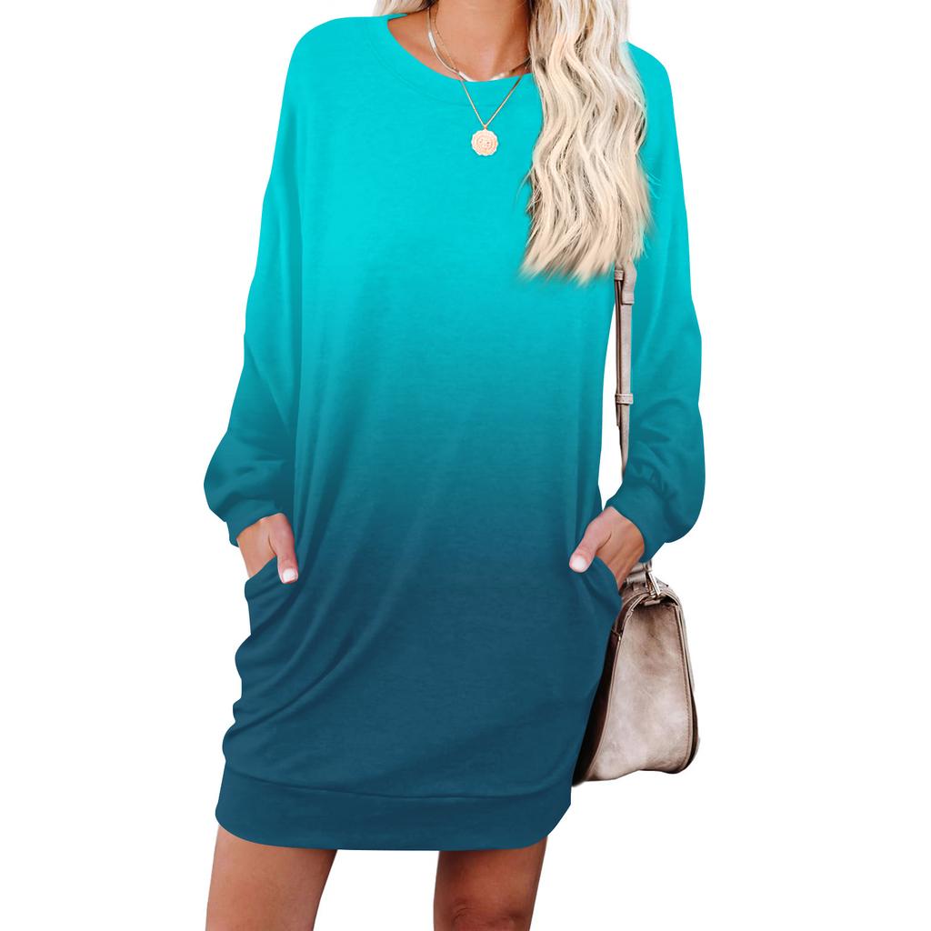 Women's Gradient Printed Fashionable Long-sleeved Round-neck Pocket Dress
