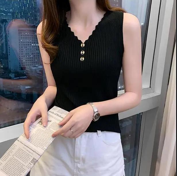 

Летняя женская рубашка больших размеров без рукавов из ледяного шелка, сплошной цвет, свободная рубашка с v-образным вырезом и коротким низом, топ, жилет, свободный эластичный XL чёрный