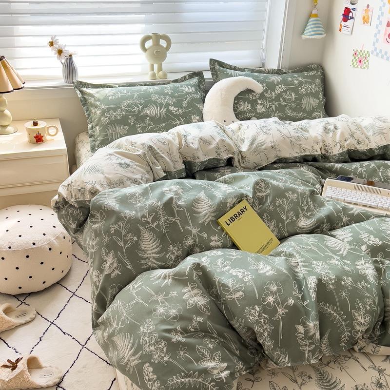 4Pcs Set Class A Maternal Infant Grade Small Fresh Grinding 4-Pcs Set Skin-Friendly Bed Sheet Washed Cotton Quilt Cover Dormitory 3-Piece Set