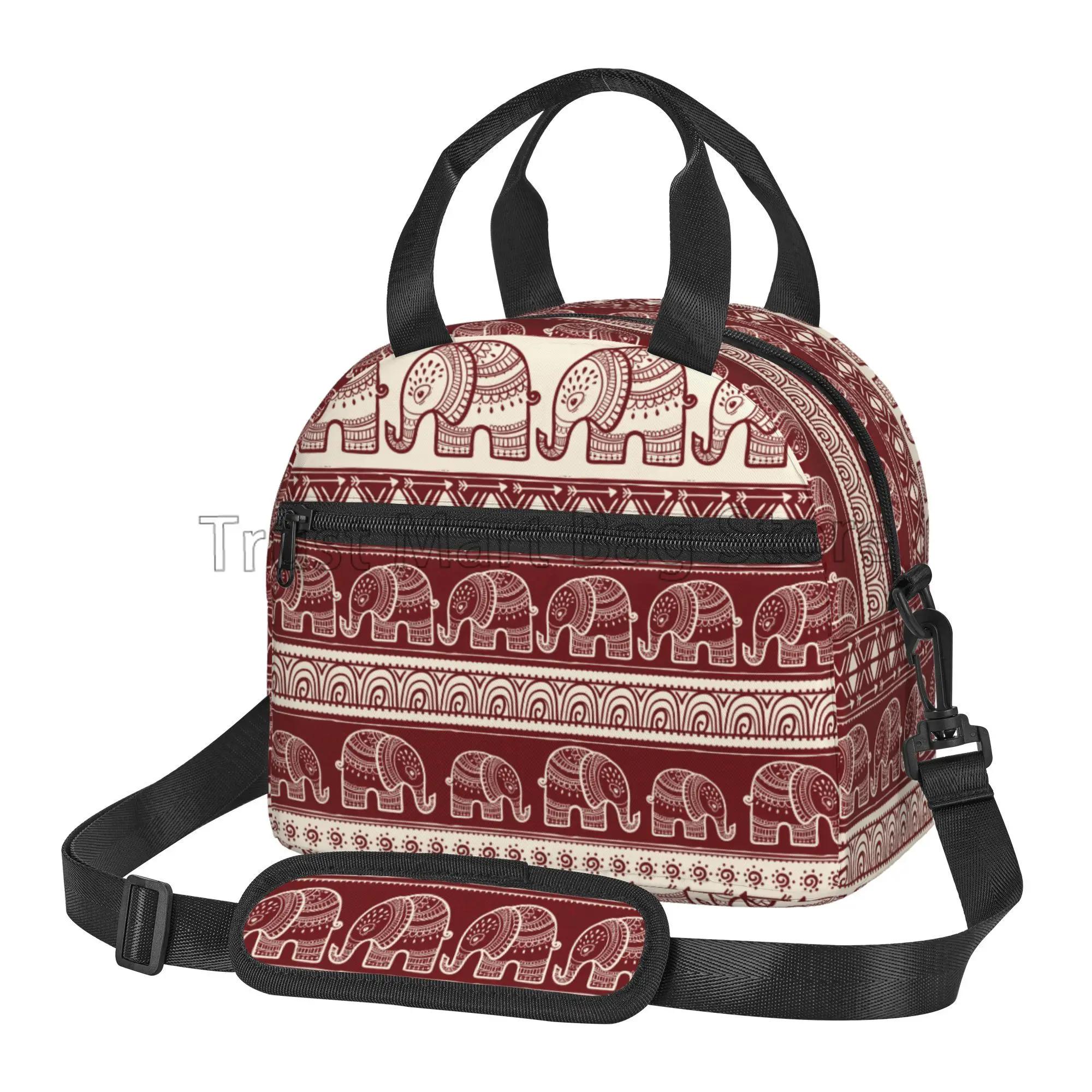 

Boho Elephant Print Insulated Lunch Bag for Travel Picnic Reusable Waterproof Thermal Bento Tote with Adjustable Shoulder Strap