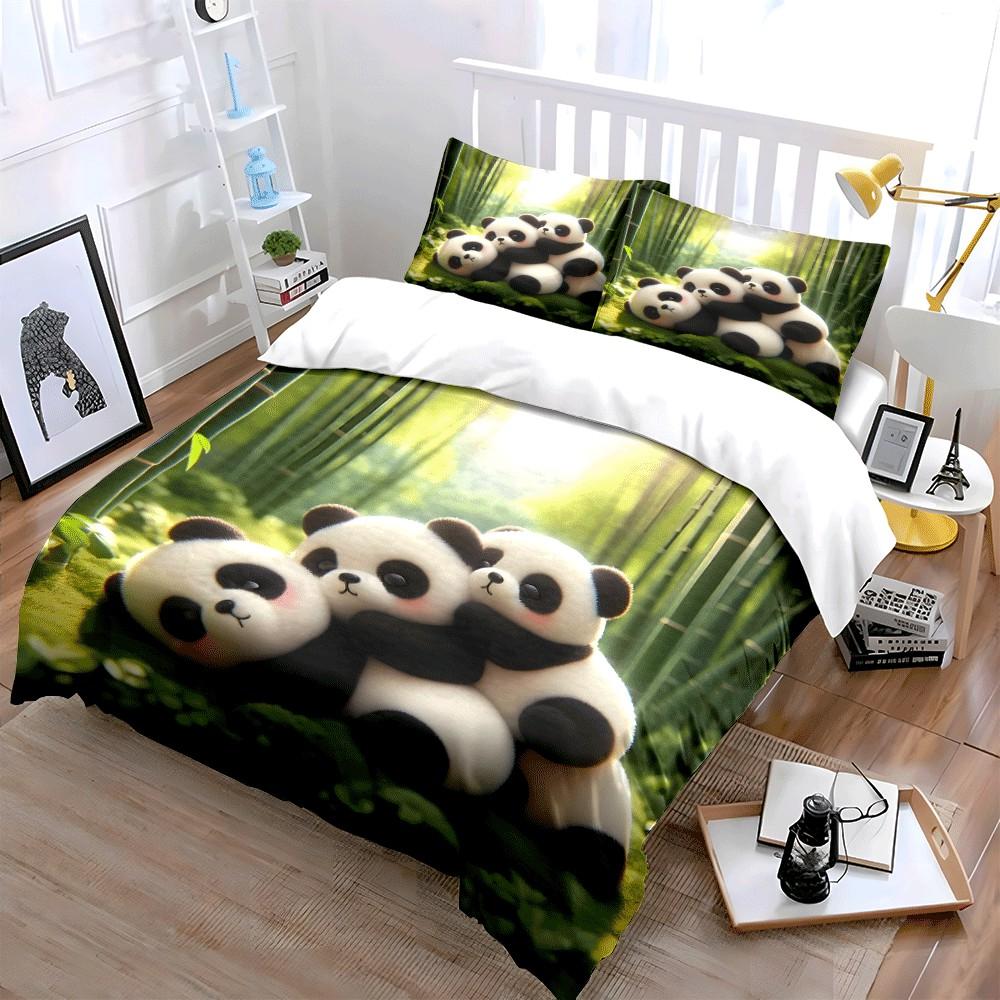 Adorabile Trio di Panda nella Foresta di Bambù Squisito Set Lenzuola Tre Pezzi Regalo per Bambini e Adulti