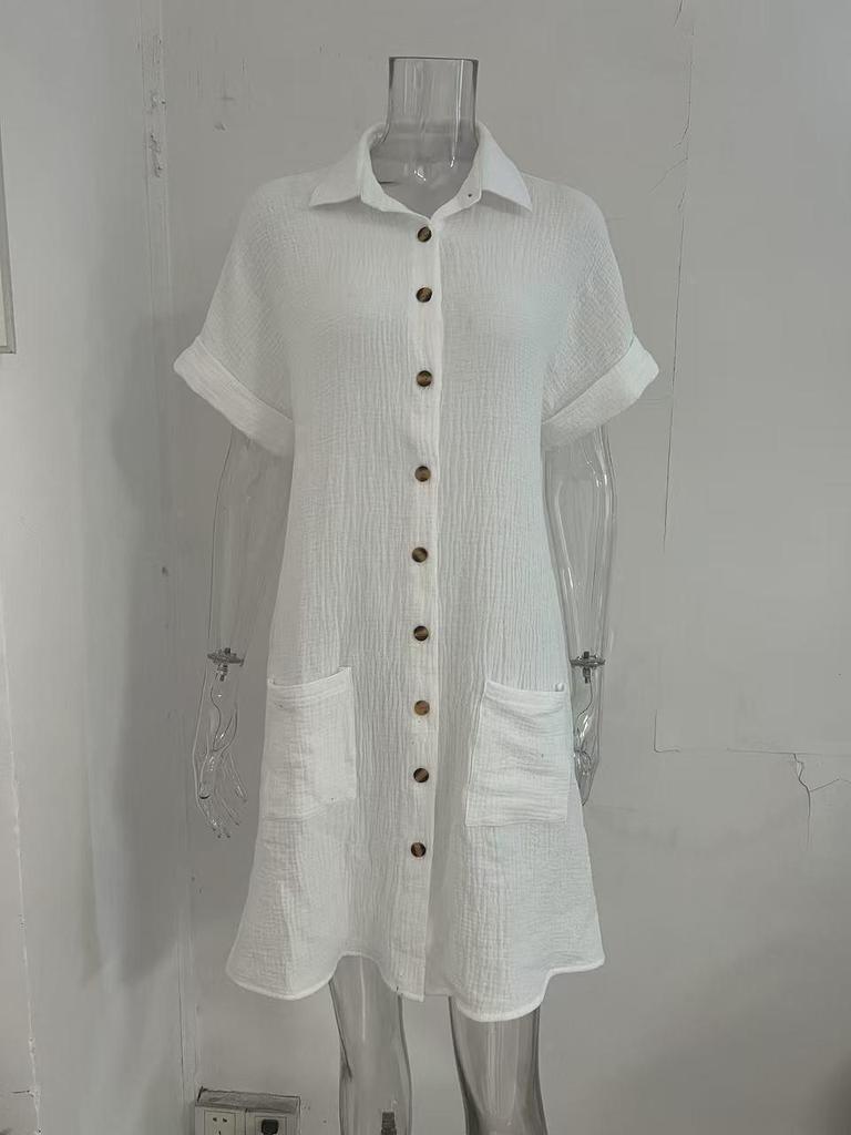 In-Stock European & American Summer Solid Color Casual Lapel Button Shirt Dress for Women