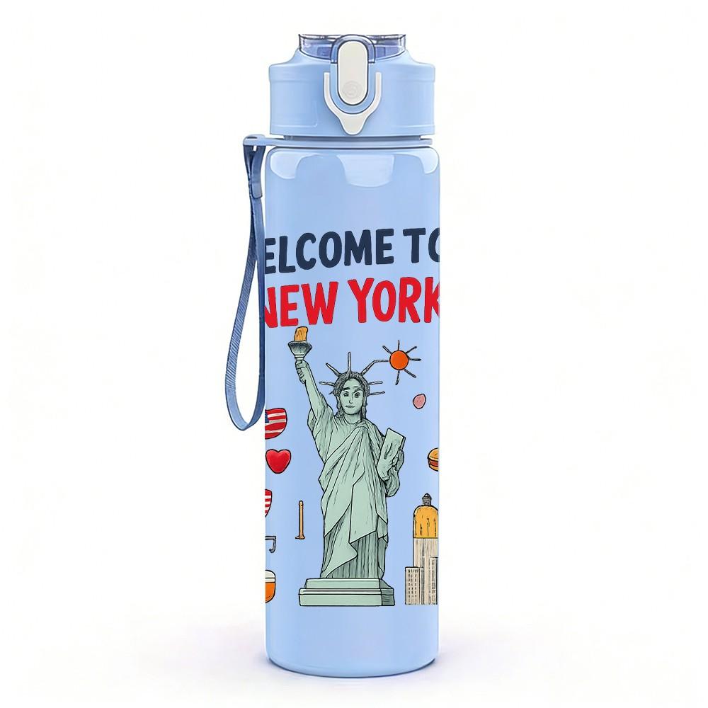 1PC Welcome To New York Letter 750ml Color Plastic Sports Water Bottle Leakproof Flip Straw Lid Suitable for Sports Office Home Use
