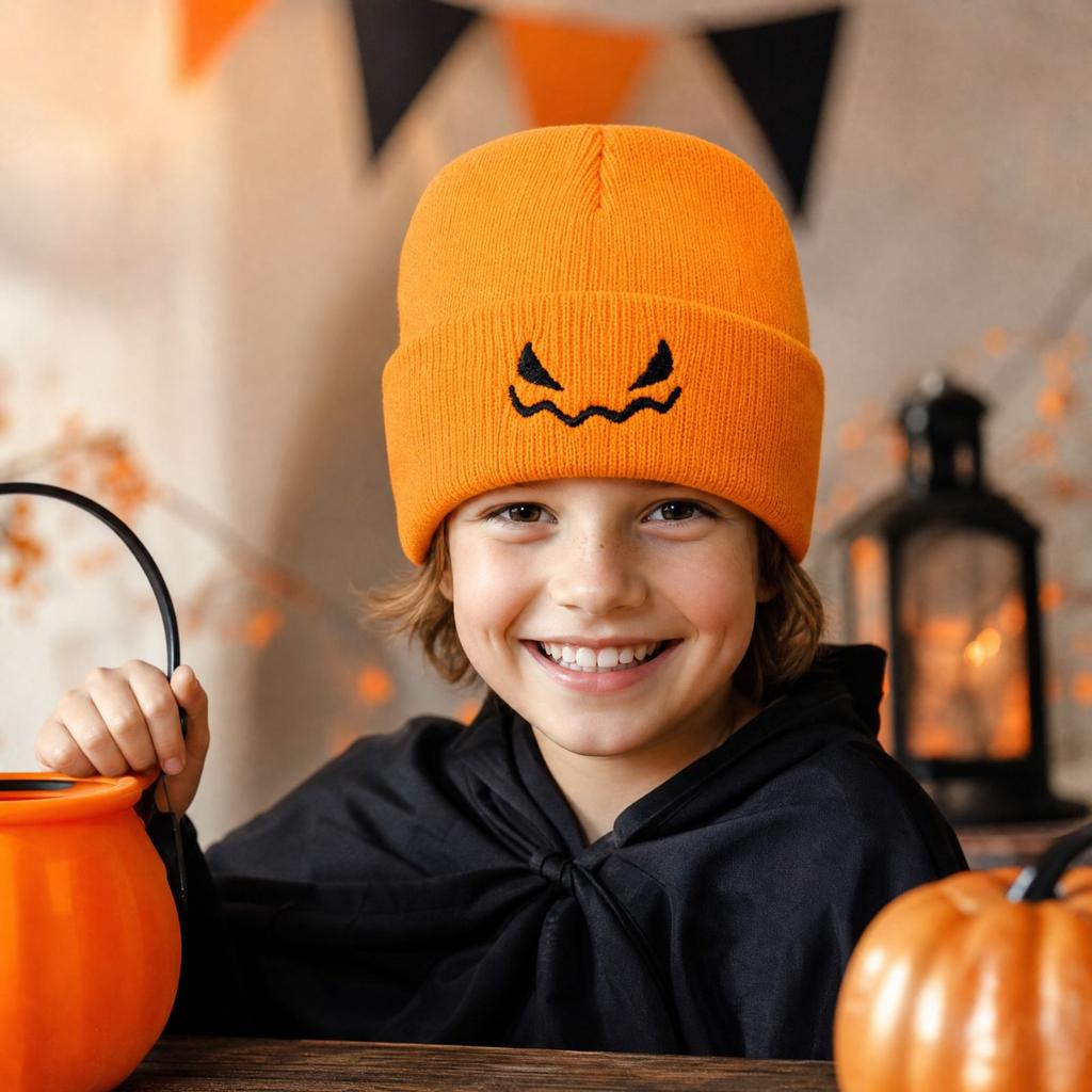 Unisex Halloween Pumpkin Knit Hat with Embroidered Devil, Fall Winter Novelty