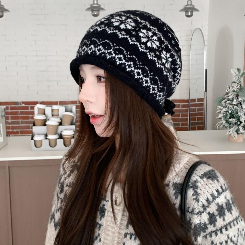 Drawstring Roll Brim Knit Beanie Fair Isle Pattern Beanie Retro Slouchy Hat Autumn Winter