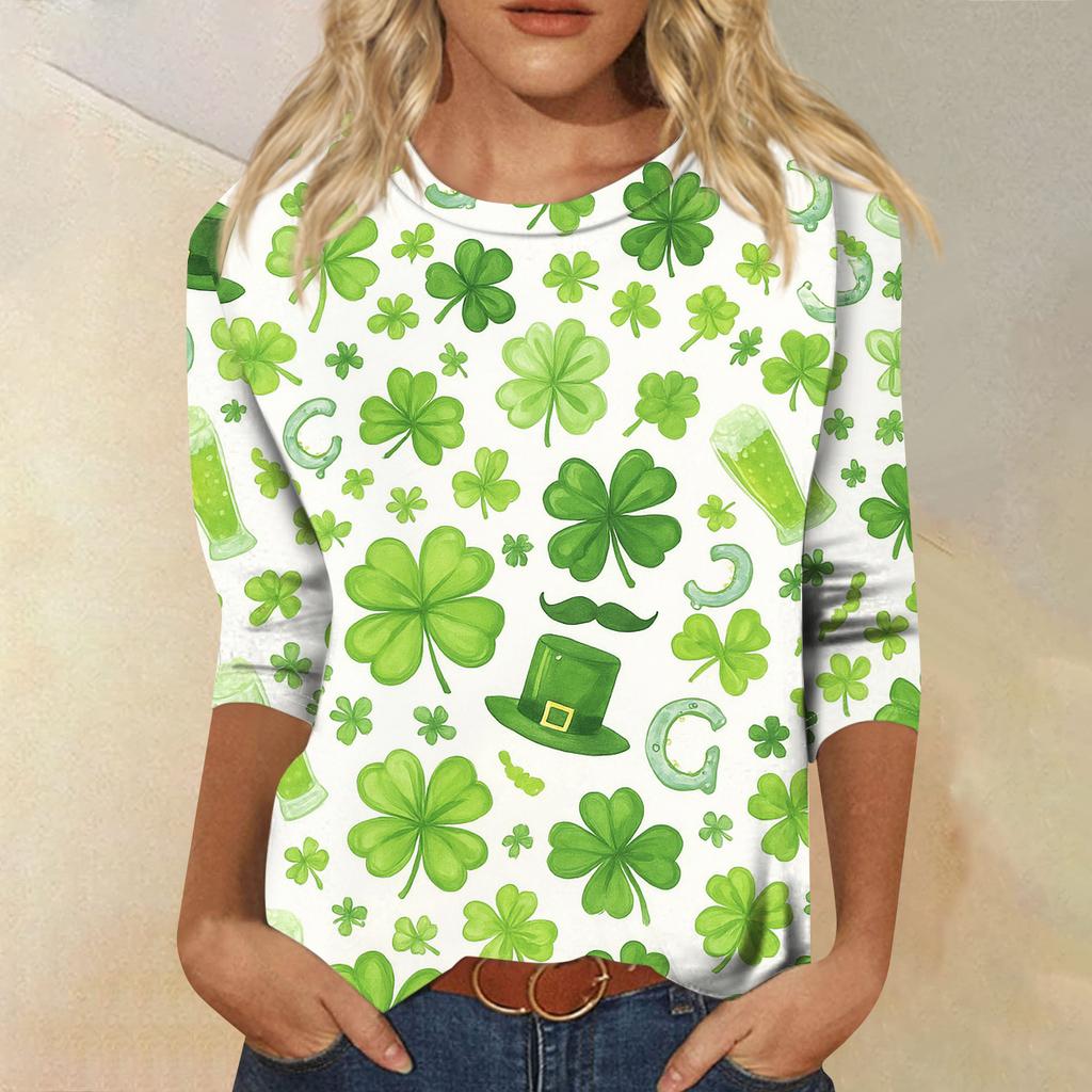 Damen Modisches Lässiges Dreiviertelarm Bedrucktes Rundhals-Top
