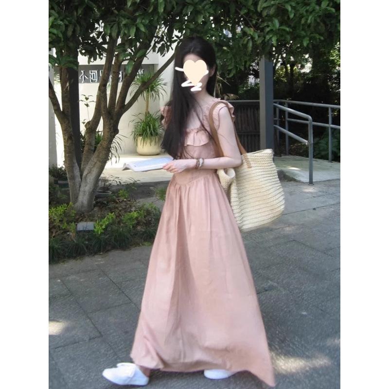 Sweet pink flying sleeve dress children's summer new square neck waist gentle long dress