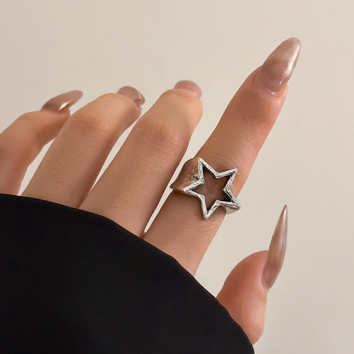 

Salircon Punk Simple Geometry Hollow Star Ring Fashion Opening Adjustable Wide Edge Ring Women s Aesthetic Statement Jewelry