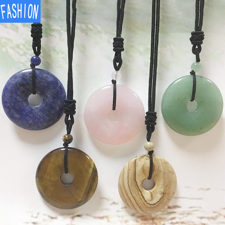 Creative European And American Natural Stone Nostalgic Concentric Ring Safety Clasp Pink Crystal Sweater Necklace