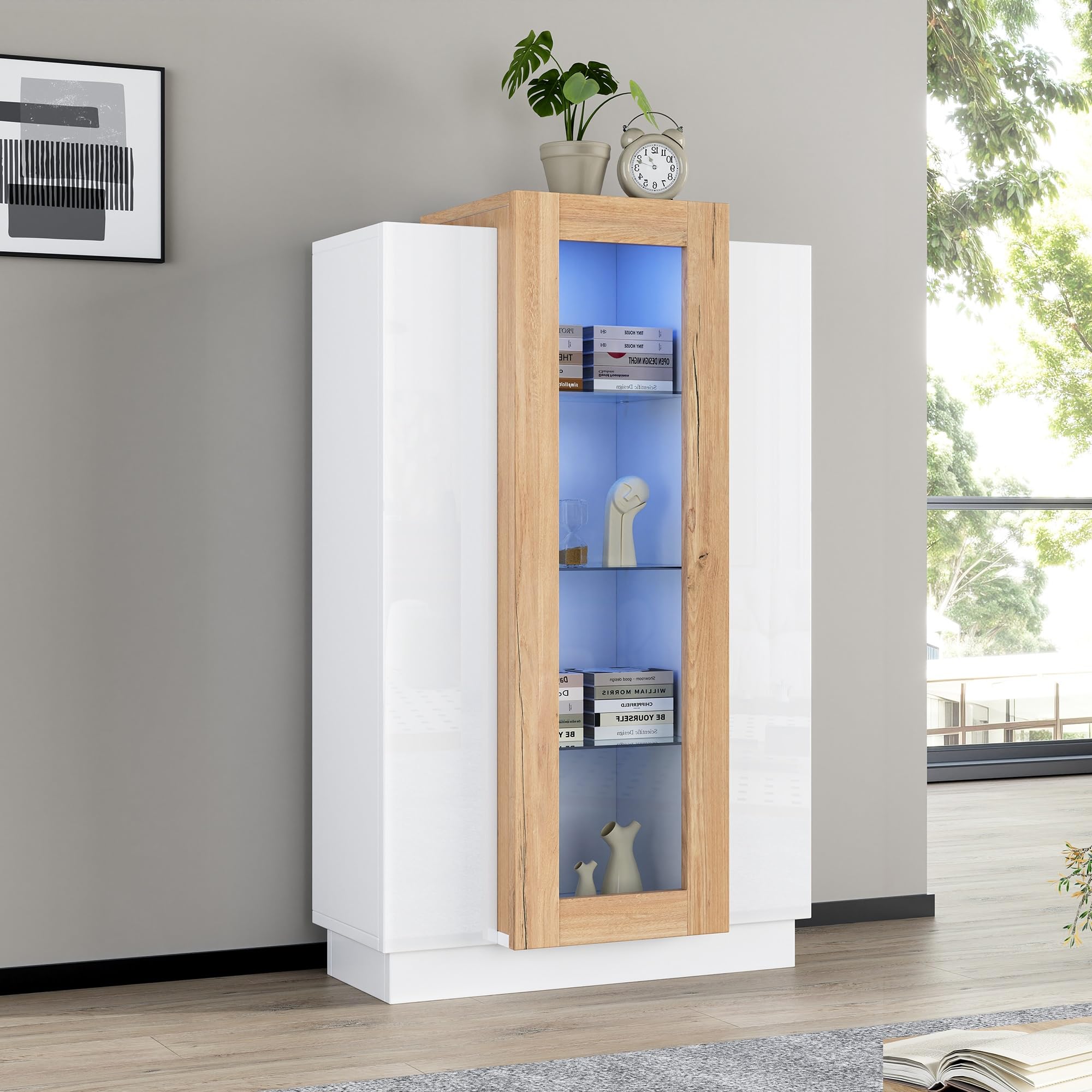 120cm, Vitrine Transparente Lucios LED, Bibliotecă 3 Uși & 3 Rafturi de Sticlă, Dulap Înalt Vitrină de Podea Sufragerie Dormitor Birou, 74x40x120 cm alb/maro