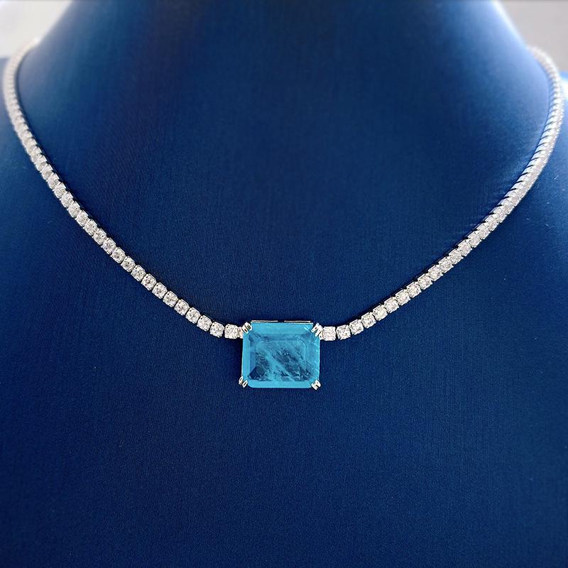 Paraiba 925 Sterling Silver Women's Clavicle Necklace with Full Diamond Simulated Luxury Design