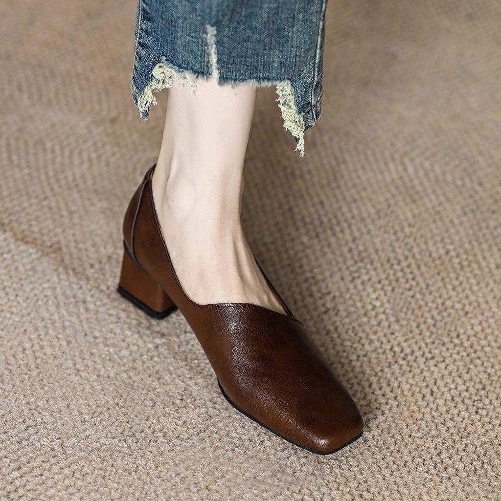 Real soft leather square head single shoes women's 2025 new irregular autumn French medium heel thick heel commuter high heels