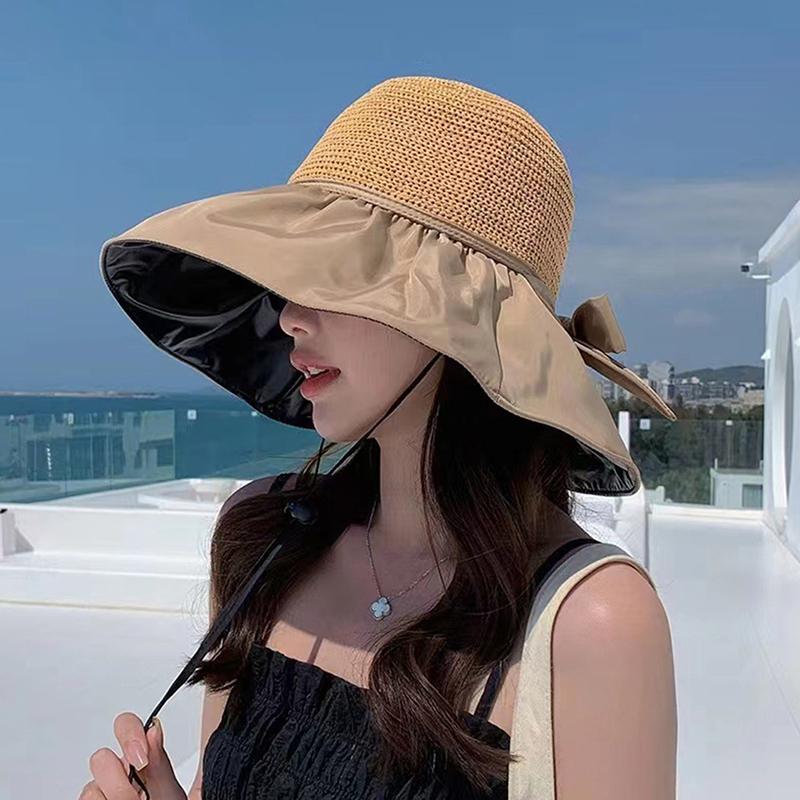 Summer  Women Bucket Hat Uv Protection Sun Hats Panama Cap Ponytail Caps