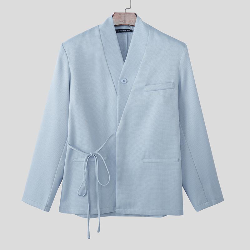 INCERUN Oversized Men Lapel Neck Long Sleeve Side Lace-up Casual Loose Thin Blazer Coats