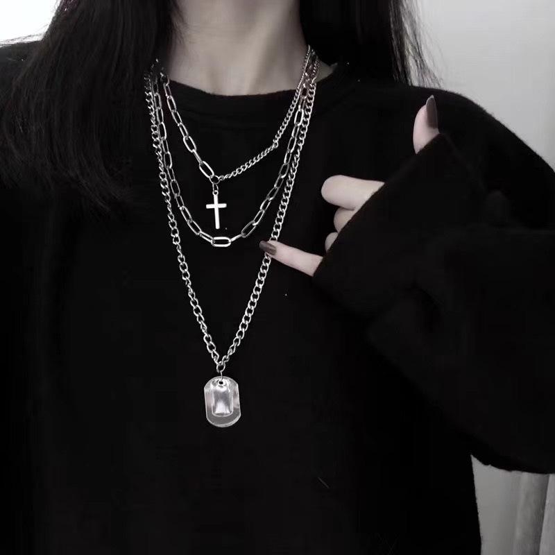 

Multilayer Chain Necklace For Women Men Long Hip Hop Punk Cross Pendant Necklace Stainless Steel Charm Copper Color Zircon Gift