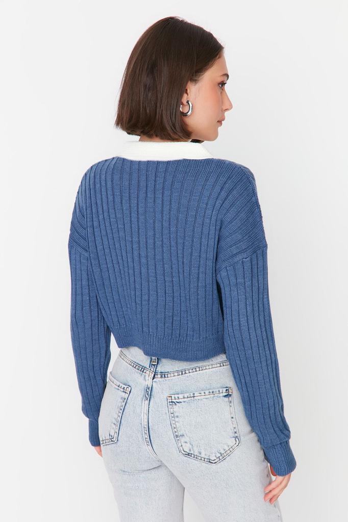 Women's Elegance Style Cardigan Green Super Crop Shirt Collar Knitwear Cardigan