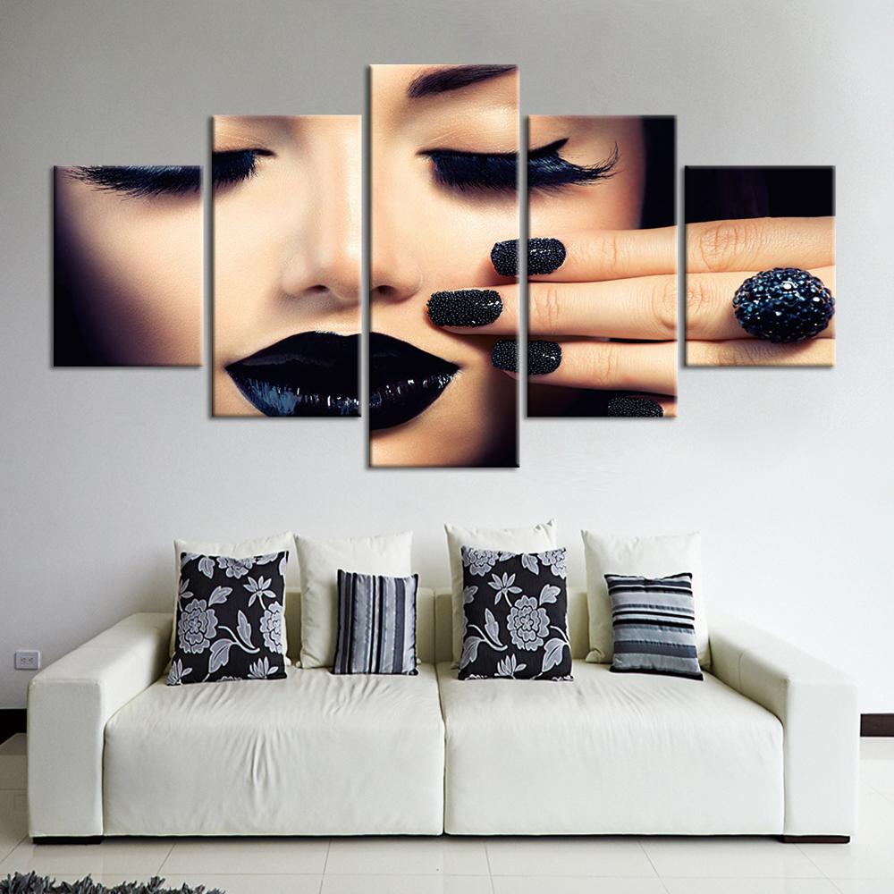 5 Pieces Modular African Woman Sexy Lips Nail Salon Canvas Painting Figure Posters and Prints Wall Art Home Decor No Frame