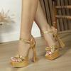 Fashion Summer Gold Super High Heeled Sandals Women 2025 Sexy Open Toe Narrow Strap Chunky Platform Sandals Elegant Banquet Dress Heels