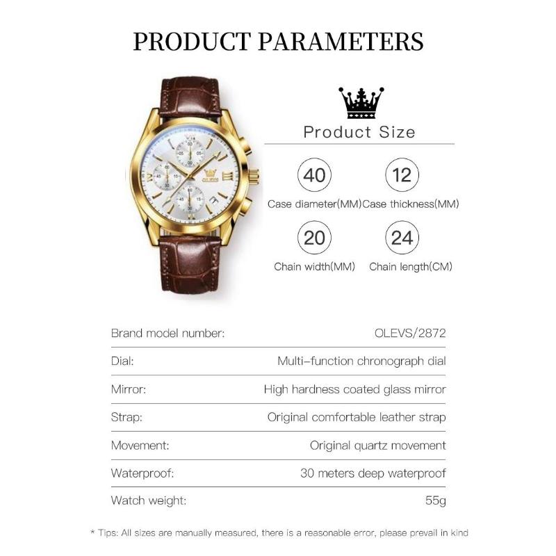 OLEVS Men's Chronograph Quartz Watch Leather Strap Waterproof Stainless Steel Wristwatch Luminous Hand Analog Watch for Men