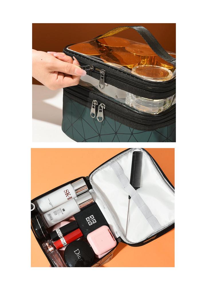Women's Large PU Leather Double-Layer Makeup and Toiletry Bag - Portable & Multifunctional Lipstick Storage
