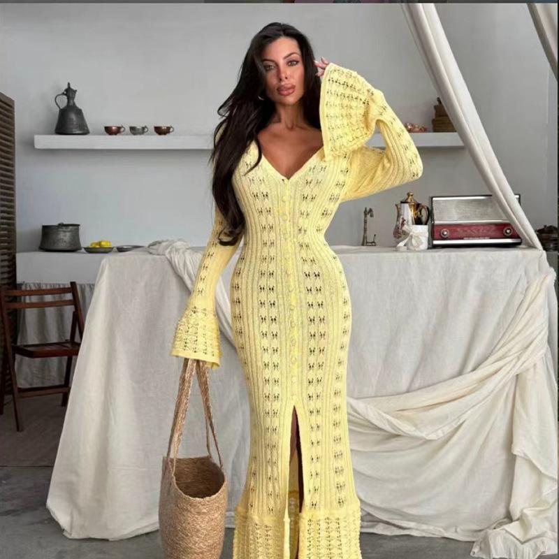 A New Solid-color Long Knitted Cardigan with Hollowed-out Flared Sleeves and A Laid-back V-neck Women's Blouse